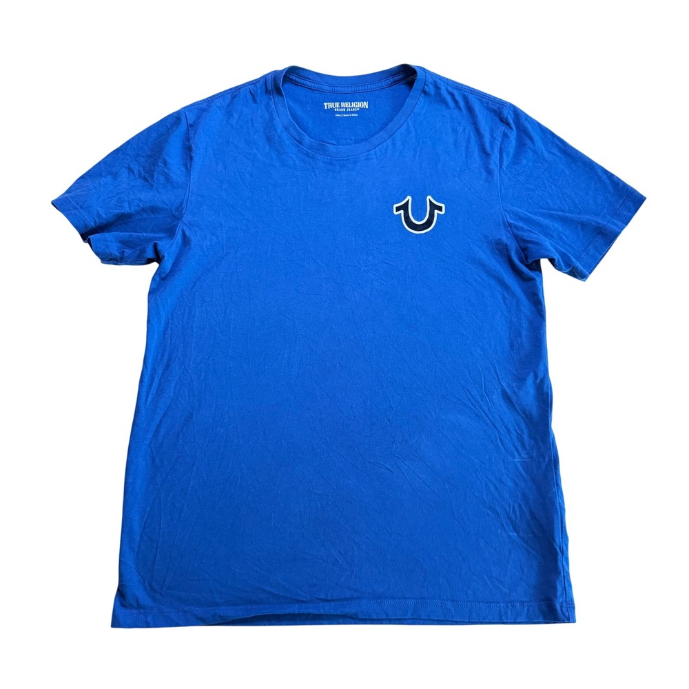 True Religion‎ T-Shirt Mens Small Blue Excellent Buddha Guitar Graphic Tee
